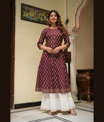 Yash Gallery Cotton Printed Anarkali Women's Kurti - Wine ( Pack of 1 )