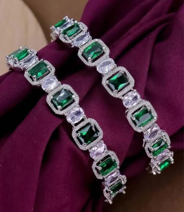 Saniya Emerald Green Cubic Zirconia Bangle Set in Silver Plated Setting for Festive Wear
