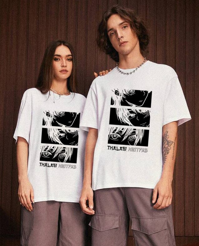 Oversized White Anime Printed Couple T shirts-Men-S / Women-S