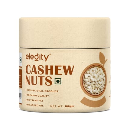 Elegity 100% Natural W210 Plain Cashew Papertube 100 gm | Whole Kaju - Nutritious, Delicious & Crunchy | No Added Preservatives in Dry Fruit | Source of Fibre, Rich in Protein