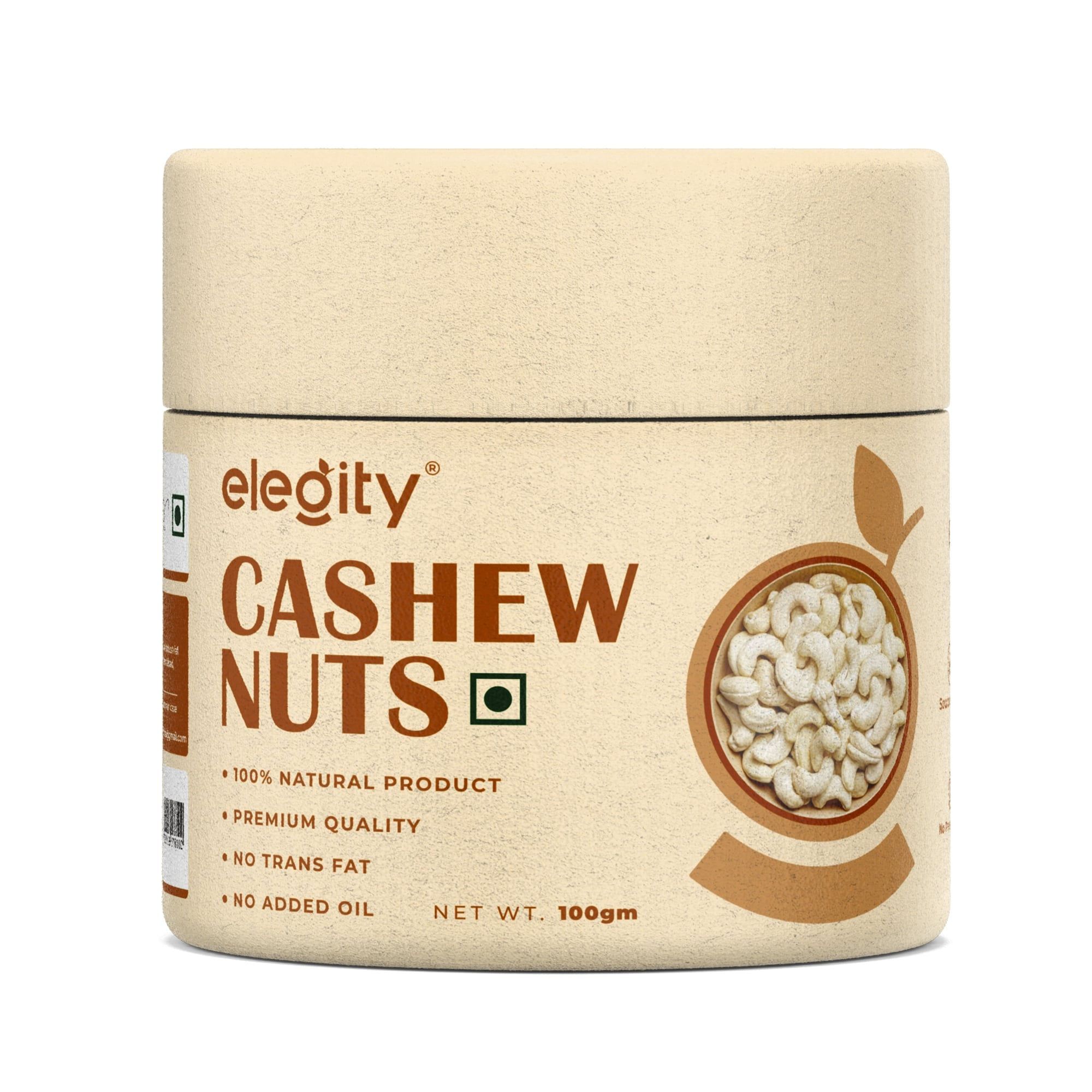 Elegity 100% Natural W210 Plain Cashew Papertube 100 gm | Whole Kaju - Nutritious, Delicious & Crunchy | No Added Preservatives in Dry Fruit | Source of Fibre, Rich in Protein