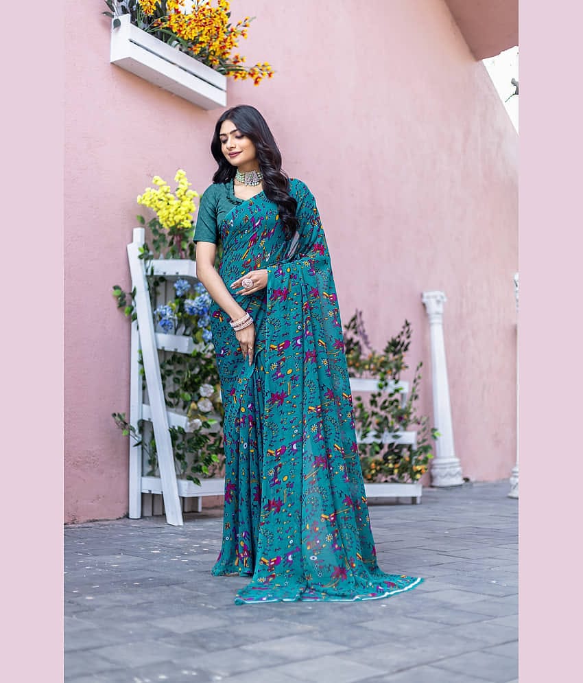 LEELAVATI Chiffon Printed Regular Saree With Unstitched Blouse Piece ( Blue )