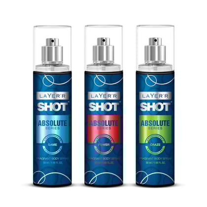 LAYER'R SHOT Absolute Body Spray Combo for Men, 50ml Pack of 3 | Craze, Game & Power | Bold & Fresh Long-Lasting Fragrance | Skin-Friendly, No Stains, IFRA Certified