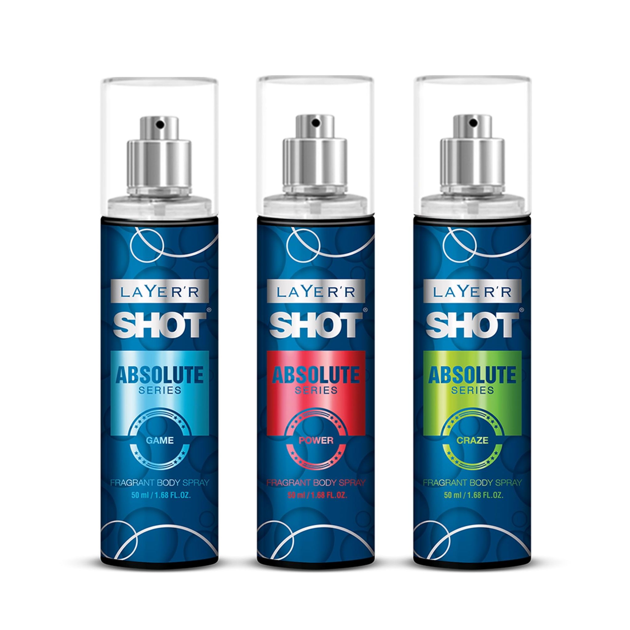LAYER'R SHOT Absolute Body Spray Combo for Men, 50ml Pack of 3 | Craze, Game & Power | Bold & Fresh Long-Lasting Fragrance | Skin-Friendly, No Stains, IFRA Certified