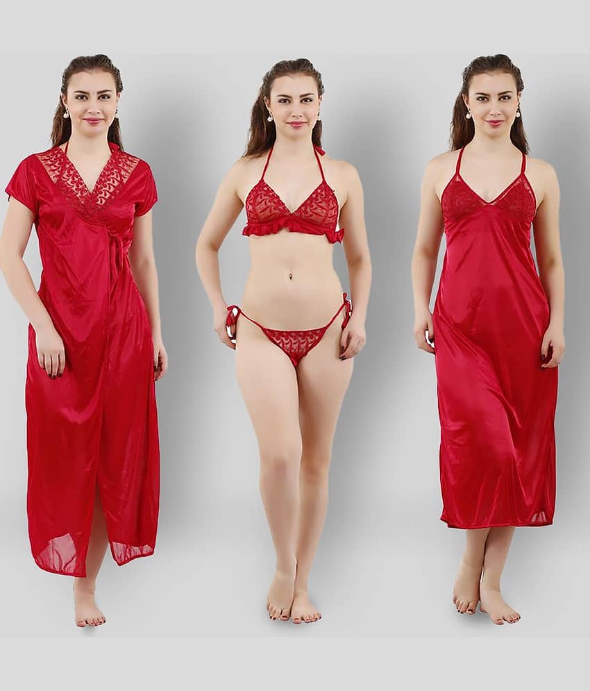 Reposey - Maroon Satin Women's Nightwear Nightsuit Sets ( Pack of 4 )