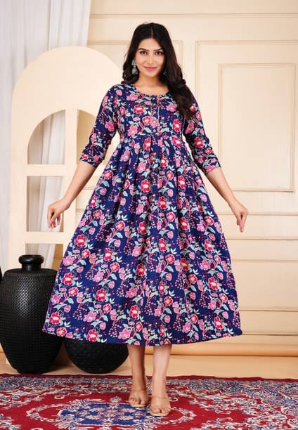 Women Printed Cotton Blend Anarkali Kurta  (Blue)