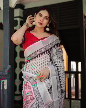 Black and White Geometric Pattern Pure Cotton Linen Saree with Red Accents, Blouse, and Tassel Details-Regular