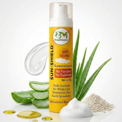 Beautimania Sunsheild Sunscreen SPF 50 for Women & Men 50 ml | Broad Spectrum UV Protection | Lightweight No White Cast Formula | Non-Irritating Fragrance Free | Daily Face Sunscreen for All Skin Types