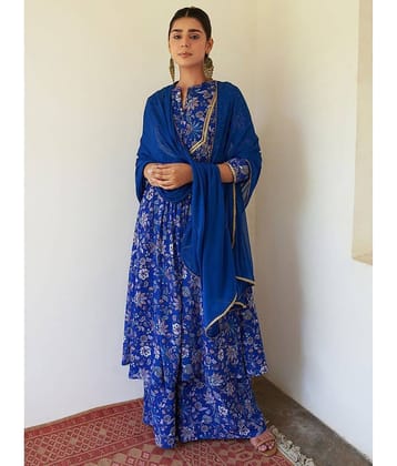 Janasya - Blue Tiered Flared Georgette Women's Stitched Salwar Suit ( Pack of 1 )