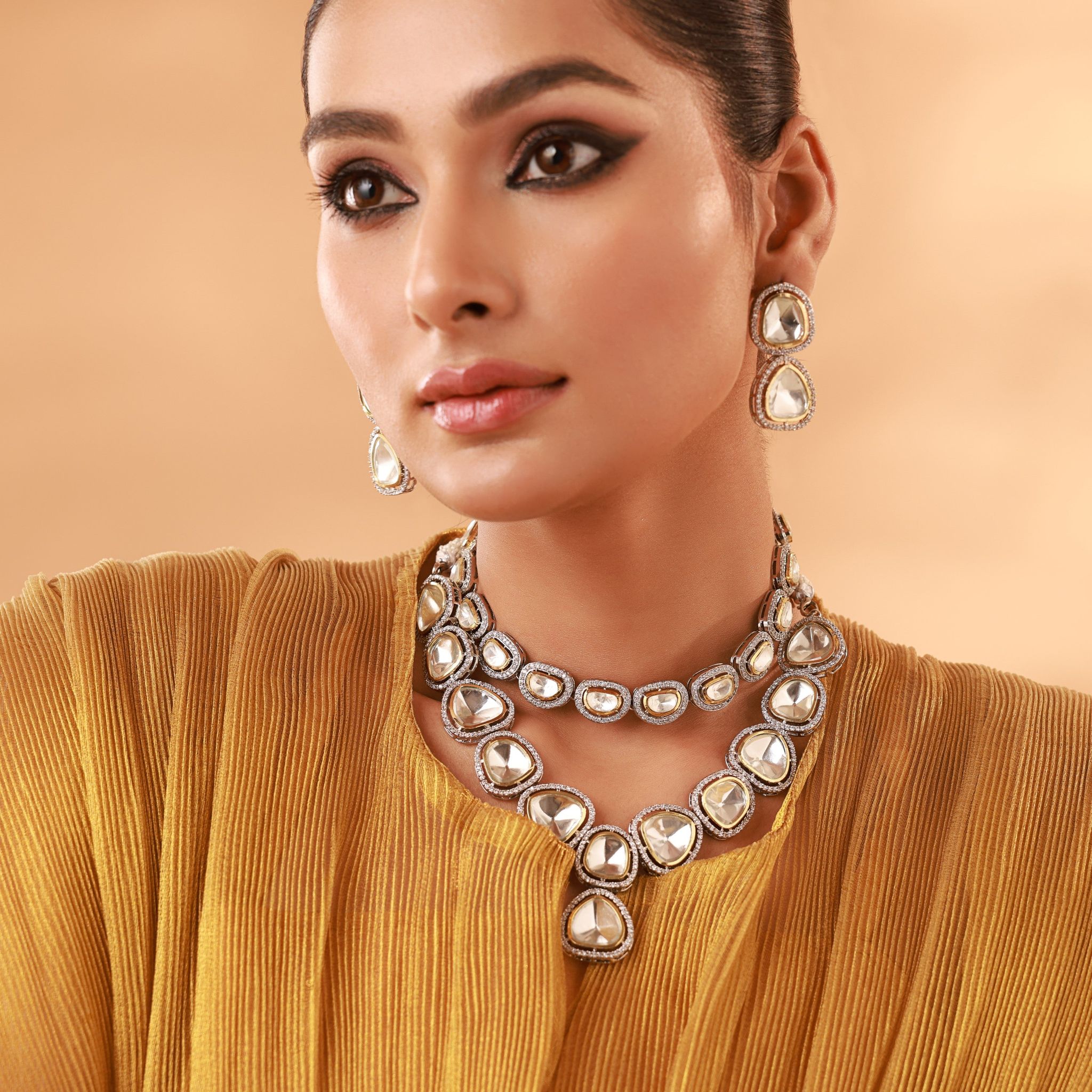 Aesthetic Silver White Polki Necklace Set-POLKI STONES ALLOY / WHITE