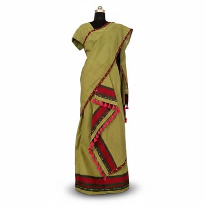 Olive Green Cotton Saree with Red Border and Tassels