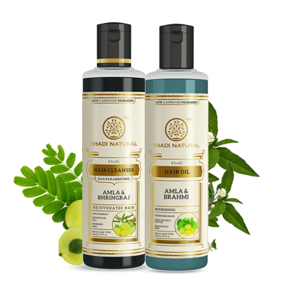 Khadi Natural Amla & Bhringraj Hair Oil & Cleanser SLS & Paraben Free Combo Pack of 2 - 210ml Each