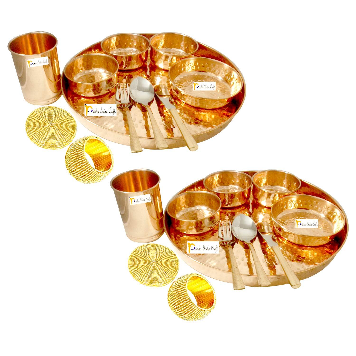 Handcrafted Copper Hammered Dinner Thali Set for 2