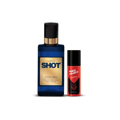 Layer'r Shot Fragrant Body Spray For Men - Pack of 2 | Alpine Fresh (130ml) & Red Hunt Shaving Foam (50ml) | Long-Lasting & Skin-Friendly Premium Fragrance | Perfect For all occasions | Gift For Men
