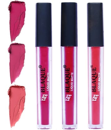bq BLAQUE Matte Liquid Lipstick Combo of 3 Lip Color 4ml each, Waterproof - Dark & Bold Pink, Fuschia Pink, Pinkish Peach