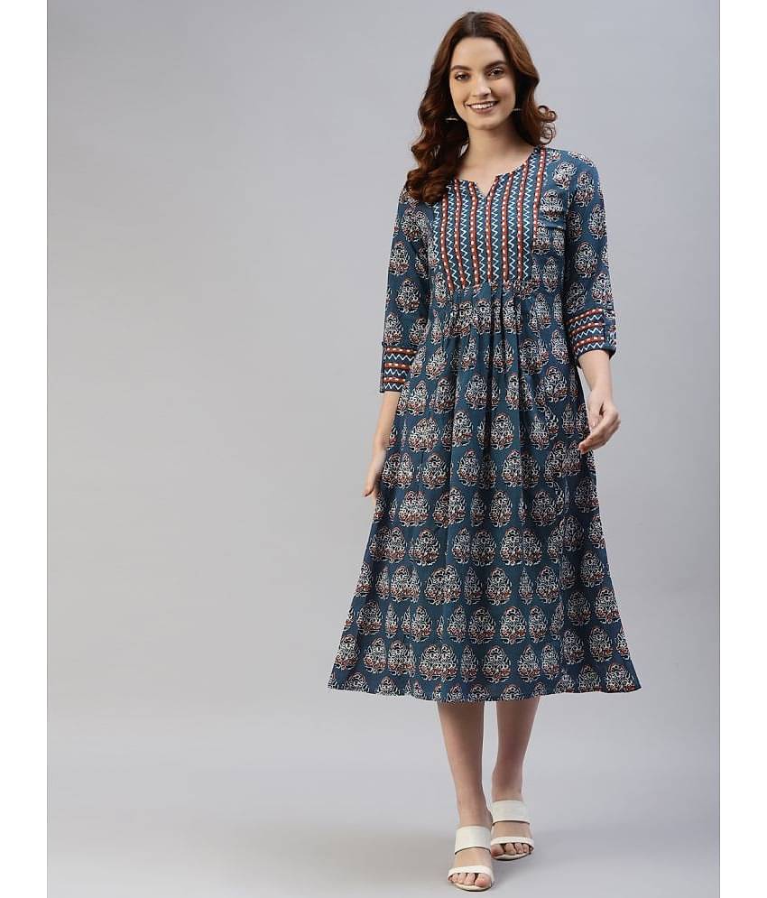 SVARCHI Women Cotton Printed Ethnic Dress ( Blue )