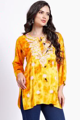 The Chikankari Story Embroidered Rayon Tie-Dyed Chikankari Yellow short Kurti with 3D Embroidery.-S