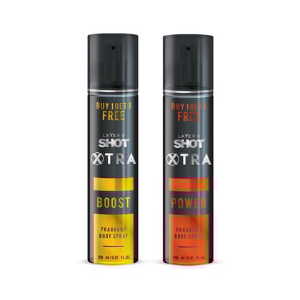 LAYER'R SHOT Xtra Boost and Power Body Spray for Men, 150ml Pack of 2 | Strong & Long-Lasting Body Spray | Sharp Fresh Top Notes, Warm Base | No Stains, Cruelty-Free, IFRA Certified
