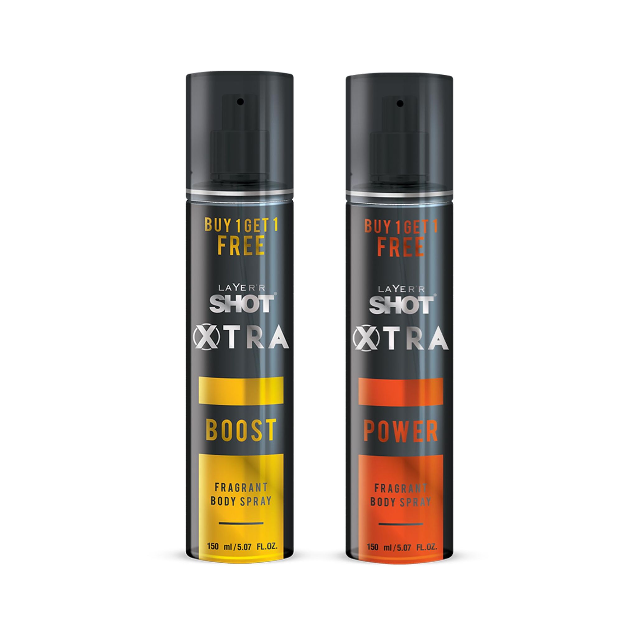 LAYER'R SHOT Xtra Boost and Power Body Spray for Men, 150ml Pack of 2 | Strong & Long-Lasting Body Spray | Sharp Fresh Top Notes, Warm Base | No Stains, Cruelty-Free, IFRA Certified