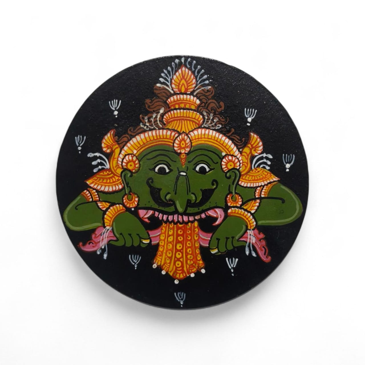 Pallabi Hastakala Hand-Painted Wooden Deity Souvenir (1 Unit) | Round Black Base with Green Deity & Traditional Ornaments | Home Decor