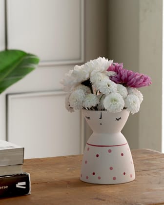 White Ceramic Flower Vase with Red & Pink Dots 5x4-White / Red / Pink / Ceramic