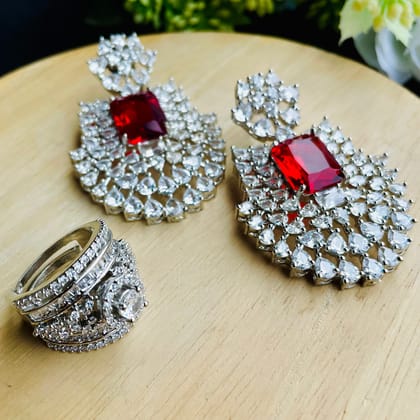 Ad Opal earrings and ring combo-Red