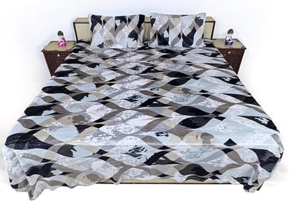 Bedsheet Set with Two Pillow Covers, Geometric Pattern, Black, Grey and White Colors, Size 90 inch X 100 inch