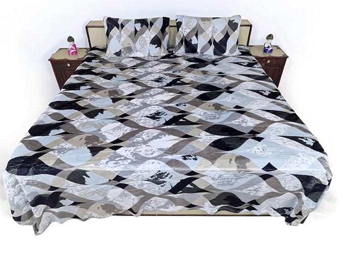 Bedsheet Set with Two Pillow Covers, Geometric Pattern, Black, Grey and White Colors, Size 90 inch X 100 inch