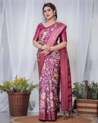 Majestic Maroon Floral Banarasi Silk Saree with Zari Weave and Tassels-Regular