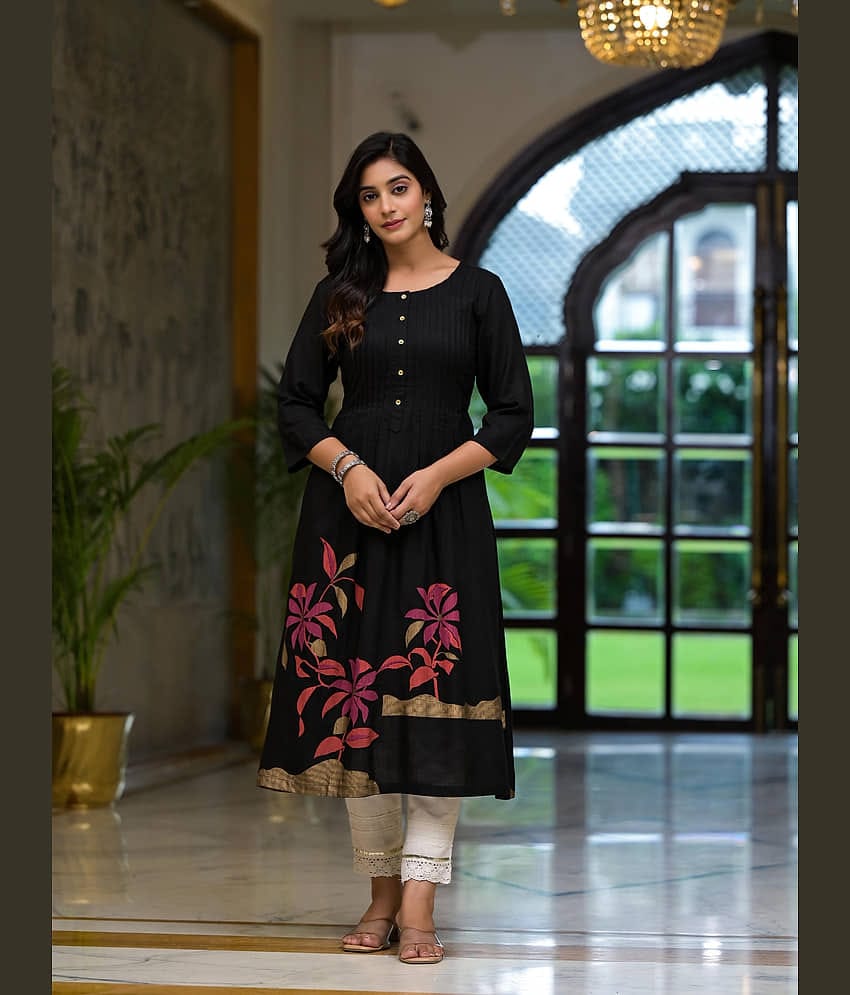 Juniper Rayon Printed A-line Women's Kurti - Black ( Pack of 1 )