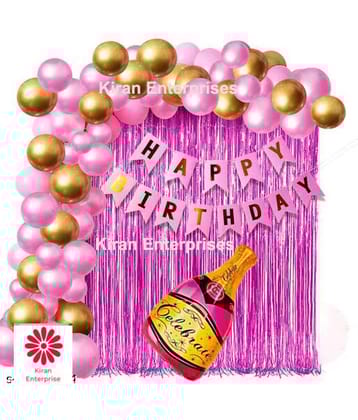 Kiran Enterprises Happy Birthday Banner ( Pink )+ Foil Bottle Balloon ( Pink ) ) + 2 Fringe Curtain ( Pink ) + 30 Metallic Balloon ( Pink, Gold )