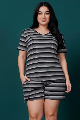 Black & White Small Striped Night Suit Set-L / L / Black