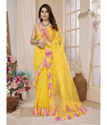 BLEESBURY Net Embroidered Saree With Unstitched Blouse Piece ( Yellow )