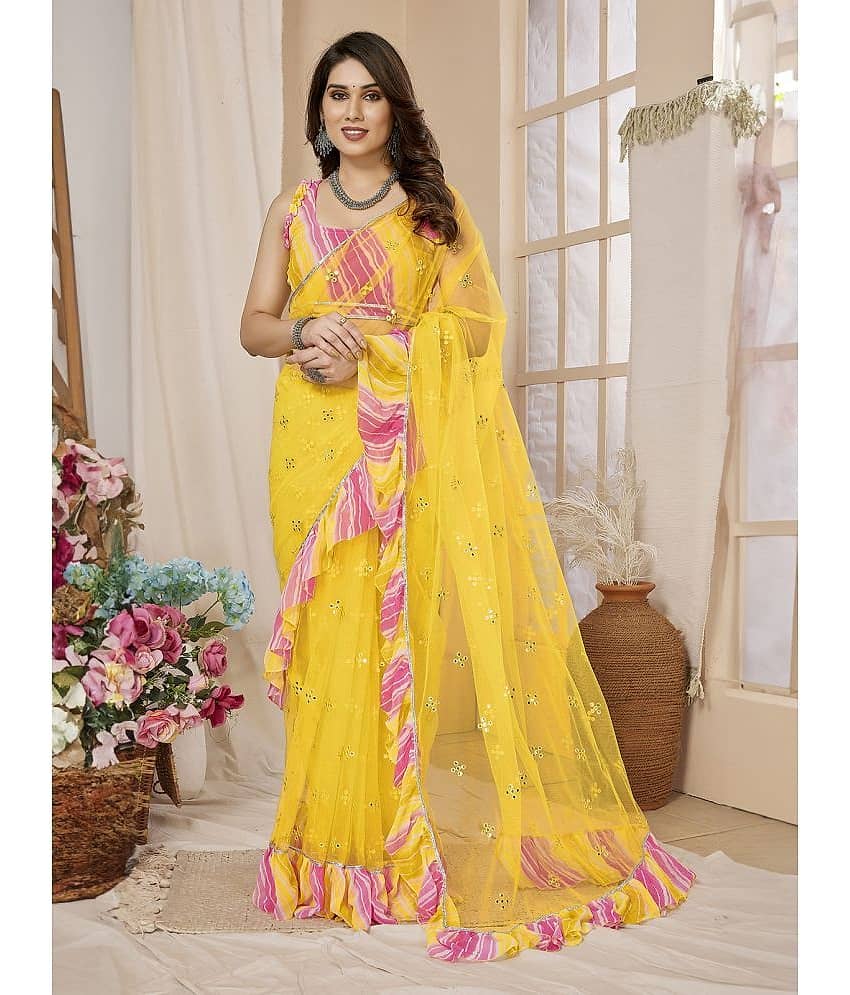 BLEESBURY Net Embroidered Saree With Unstitched Blouse Piece ( Yellow )