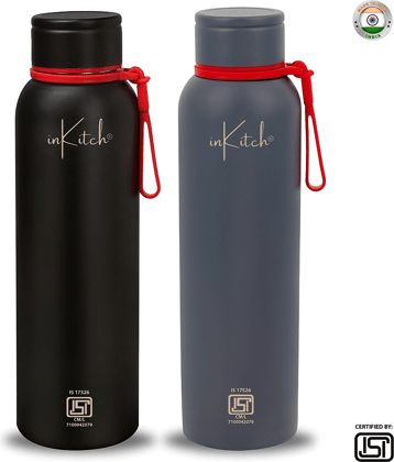 inKitch ISI Certified Double Wall Vacuum Water Bottle Black Steel Water Bottle 1800 mL ( Set of 2 )