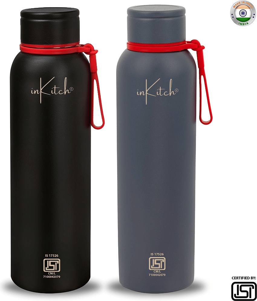 inKitch ISI Certified Double Wall Vacuum Water Bottle Black Steel Water Bottle 1800 mL ( Set of 2 )
