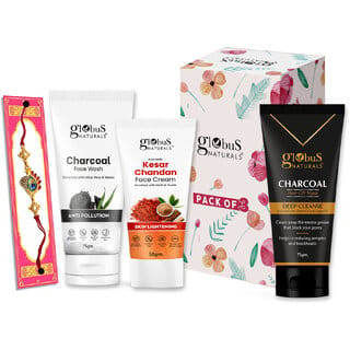 (Combo of 3) Globus Naturals Rakhi Special Combo- Charcoal Face Wash 75Gm, Charcoal Peel Off Mask 75Gm, Kesar Chandan Face Cream 50Gm