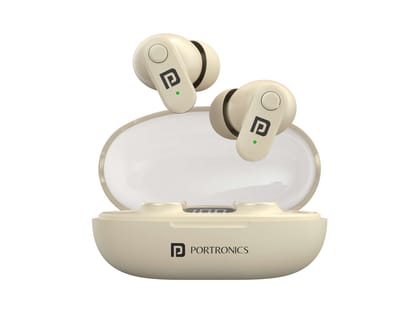 Portronics Harmonics Twins S16 in Ear Wireless TWS Earbuds with 24 Hrs Playtime, Clear Calls, Game & Music Mode, Low Latency, Bluetooth 5.3v, LED Display, Type C Fast Charging - Beige
