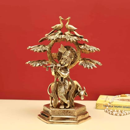 Brass Krishna Playing Flute with Cow under The Tree - 14 inch Height | Enchanting Brass Idol of Krishna Playing Flute with Cow under the Tree Brass Krishna Playing Flute with Cow under The Tree - 14 inch Height | Enchanting Brass Idol of Krishna Playing Flute with Cow under the Tree