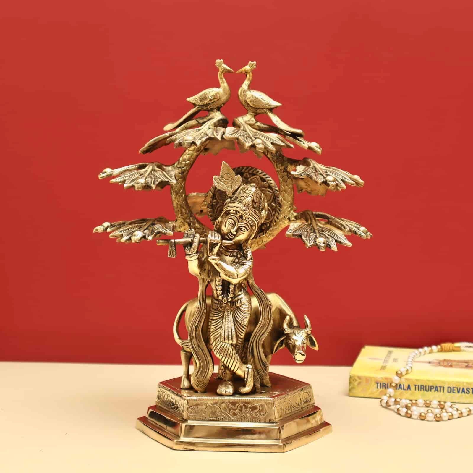 Brass Krishna Playing Flute with Cow under The Tree - 14 inch Height | Enchanting Brass Idol of Krishna Playing Flute with Cow under the Tree