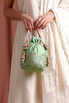Light Green Dupion Silk Potli with Pink Strings