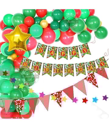 Happy Birthday Banner (Jungle Theme) + 20 Pcs Metallic Balloon (Light Green, Dark Green, Red) + 1 Bunting Flag ( Red ) + 12 pc Multi Star Set + 1 Pcs Star Foil (Golden)
