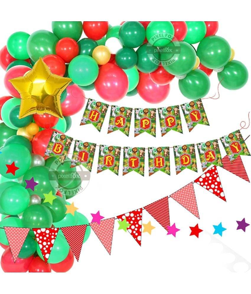 Happy Birthday Banner (Jungle Theme) + 20 Pcs Metallic Balloon (Light Green, Dark Green, Red) + 1 Bunting Flag ( Red ) + 12 pc Multi Star Set + 1 Pcs Star Foil (Golden)