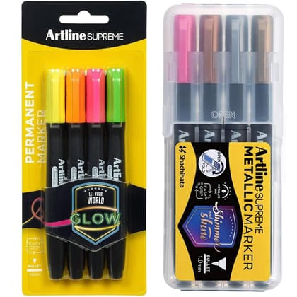 Artline Supreme Metallic Permanent Marker in Mount Colours + Supreme UV Glow Permanent Marker of Glow Colours | Vibrant Metallic & UV Colours & Smooth Application On Various Surfaces