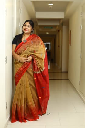 Shringar-Cotton / Red and Golden Yellow / Cotton with Ikkat Border