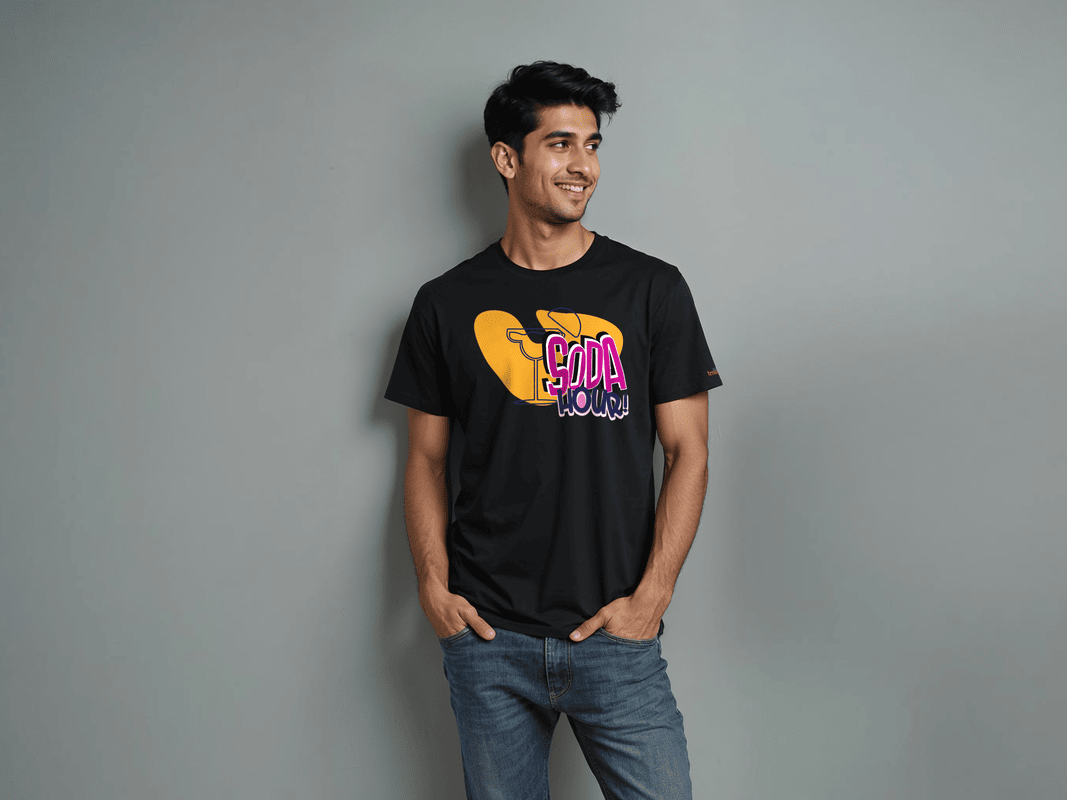 Taarak Mehta Ka Ooltah Chashmah| Regular Fit Black Front Printed T-Shirts (SODA HOUR)