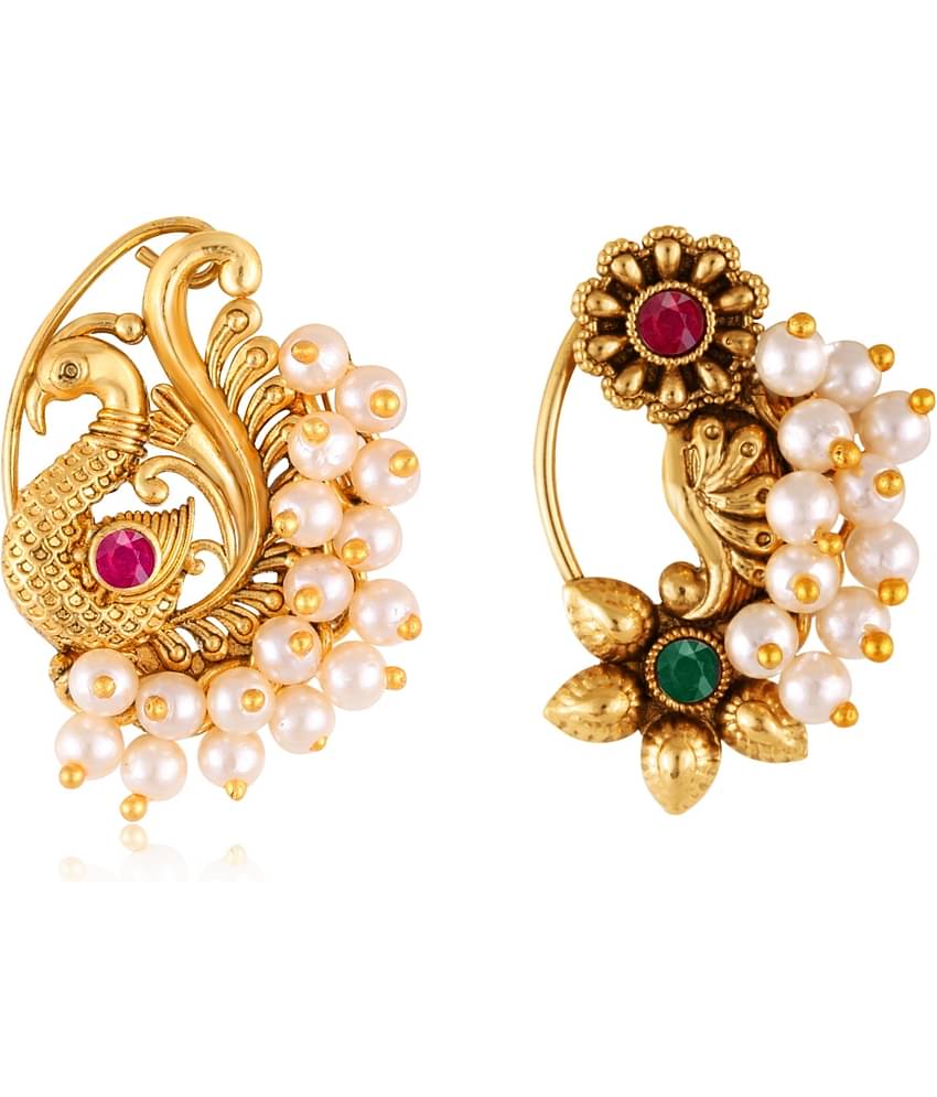 Vivastri's Premium Gucchedar Maharashtrian/Peackock Styled Nosepin Combo Set Of 2 For Ladies-VIVA1134Red-1182NTH-Press-Multi
