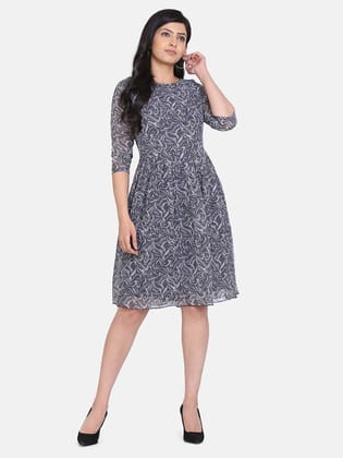 Print Georgette Outdoor Dress - White and Grey-6XL