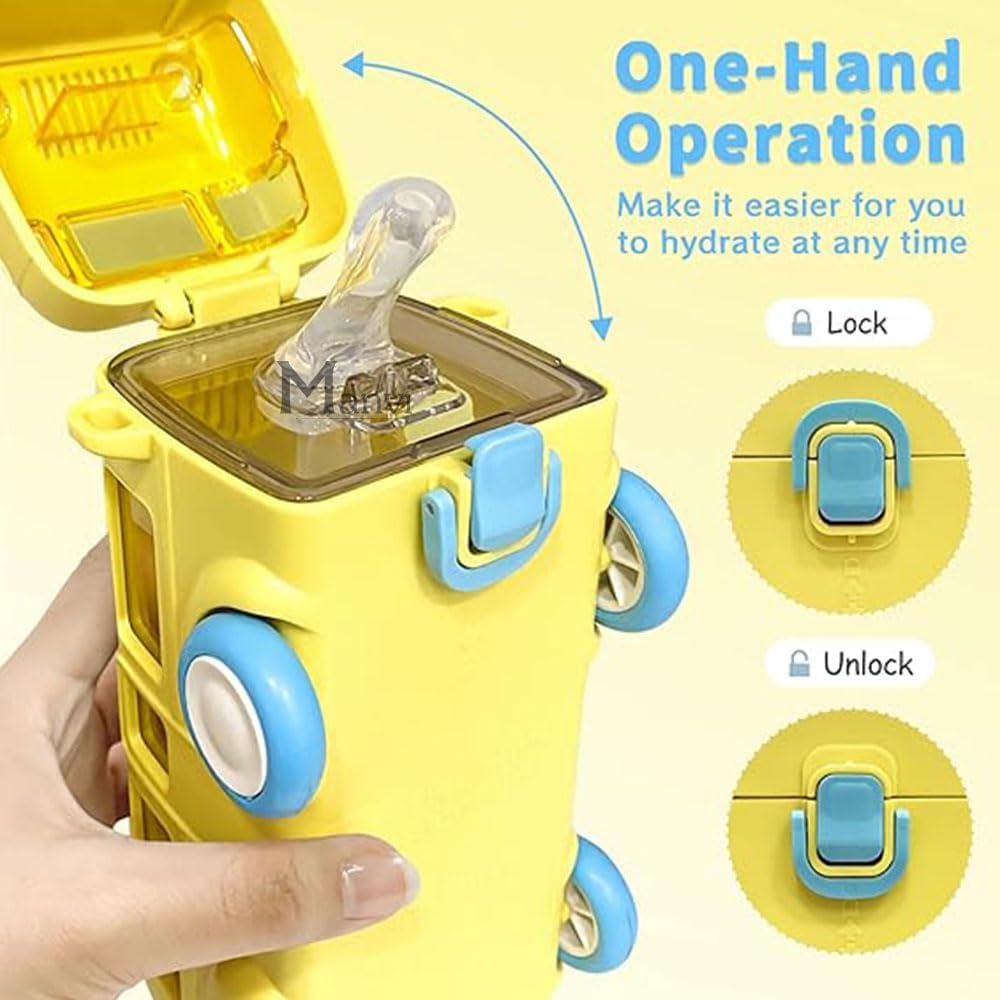 Bus Water Bottle With Strap For Kids, Leakproof Bpa Free Food Grade Bus Shaped With Movable Wheels Drinking Picnic Bottle With Straw, Sipper Bottle For Girls Boys, 500Ml, Blue - Silicone