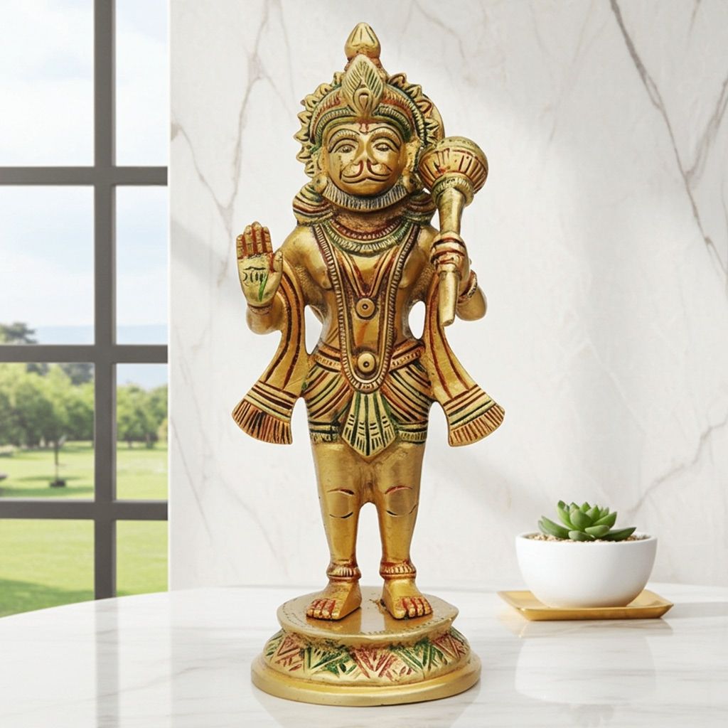 Brass Standing Hanuman Ji Idol On Round Base - Temple Quality, Height : 8.2 Inch (BSMAS1301 D)